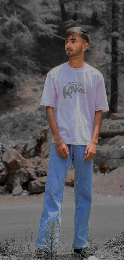 Young man in a serene, gray-toned forest setting with casual attire.