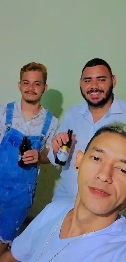 Three friends at a casual gathering, smiling and enjoying the moment.