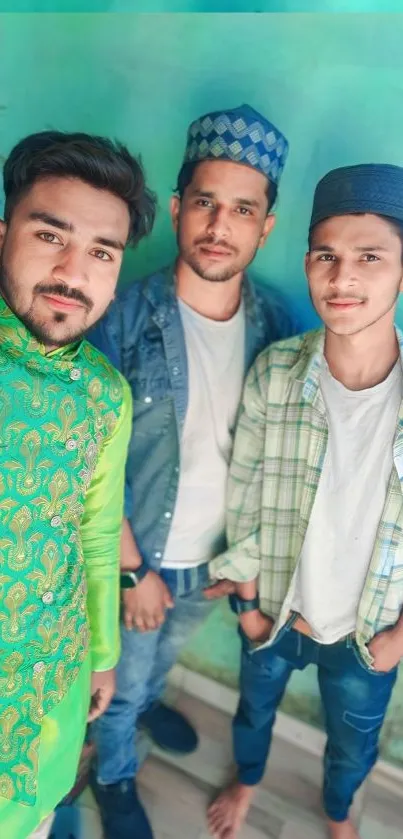 Three young men in casual attire with a teal background.