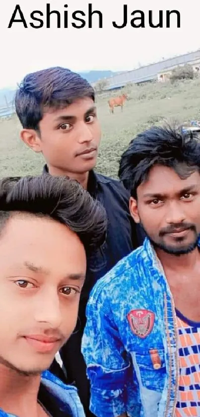 Photo of three friends outdoors in vibrant blue attire.