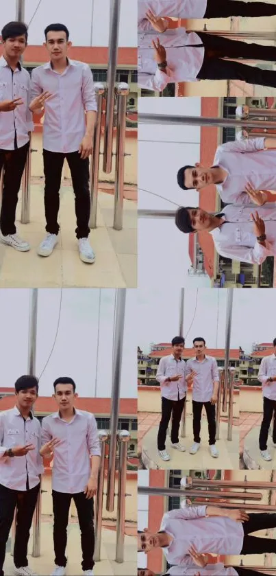 Collage of friends posing on a rooftop in casual attire.