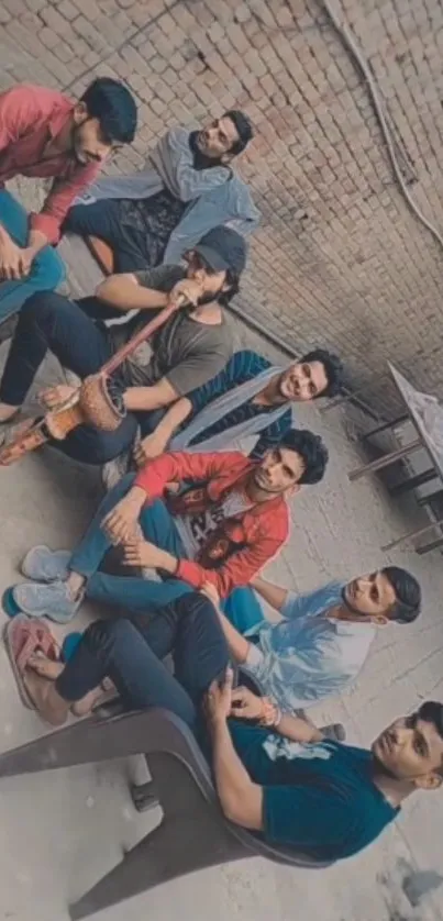 Casual group of friends sitting outdoors against a brick wall.