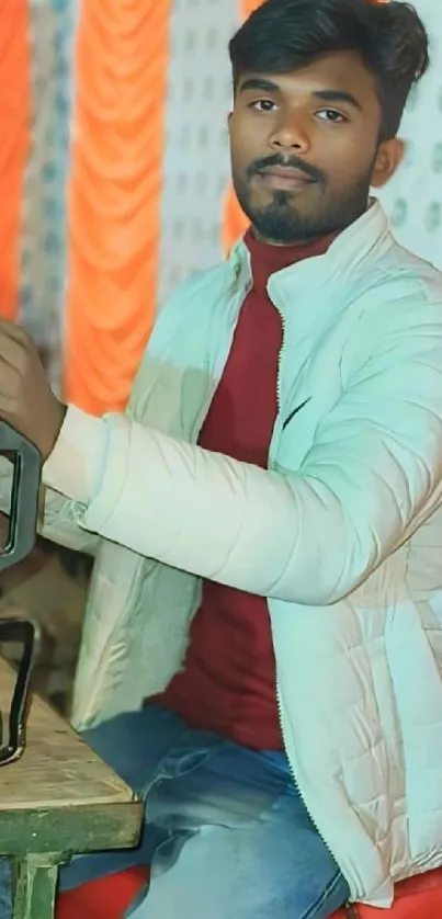 Young man in white jacket smiling indoors.