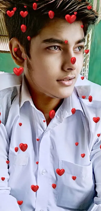 Young man in white shirt against green background, looking away.