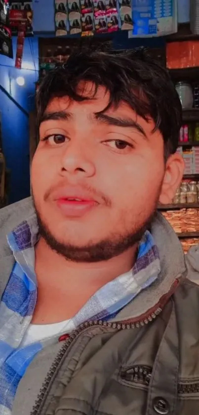 Casual portrait of a young person in a vibrant market scene.