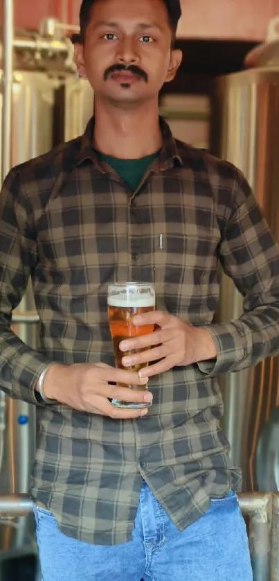 Man in plaid shirt holding a beer in a brewery.