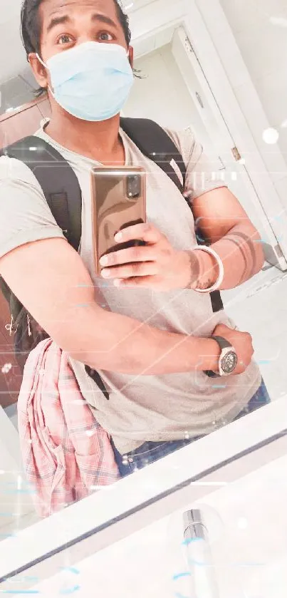 Person takes a casual mirror selfie with a smartphone, wearing a mask and backpack.