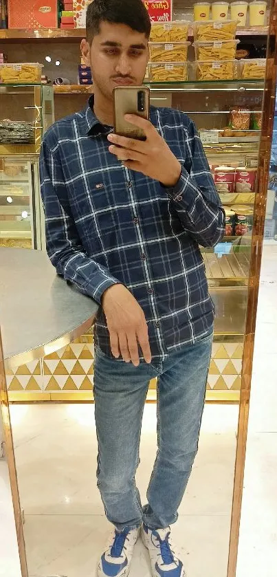 Mirror selfie showing casual fashion in store.