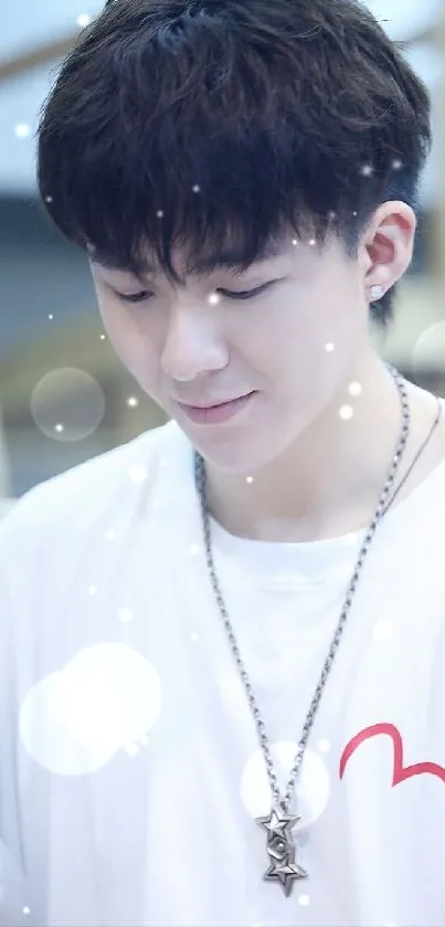 Young man in white T-shirt with a casual style.