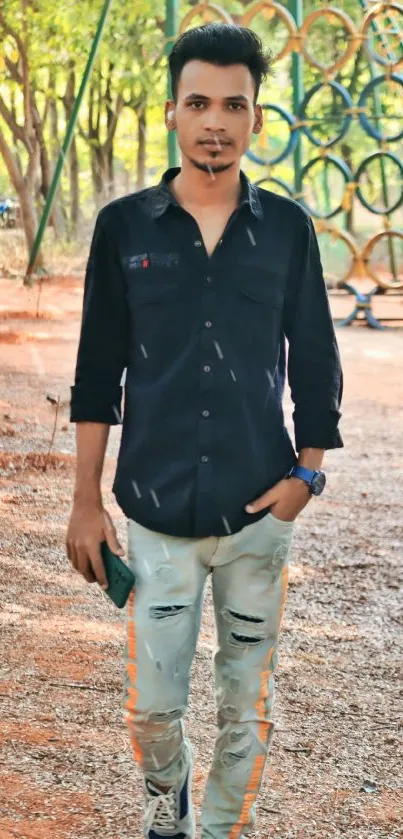 Person in casual wear walking on a scenic forest path with lush greenery.