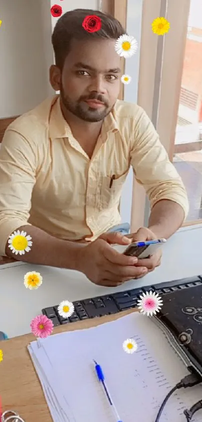 Person in a yellow shirt at an office desk with laptop and papers.