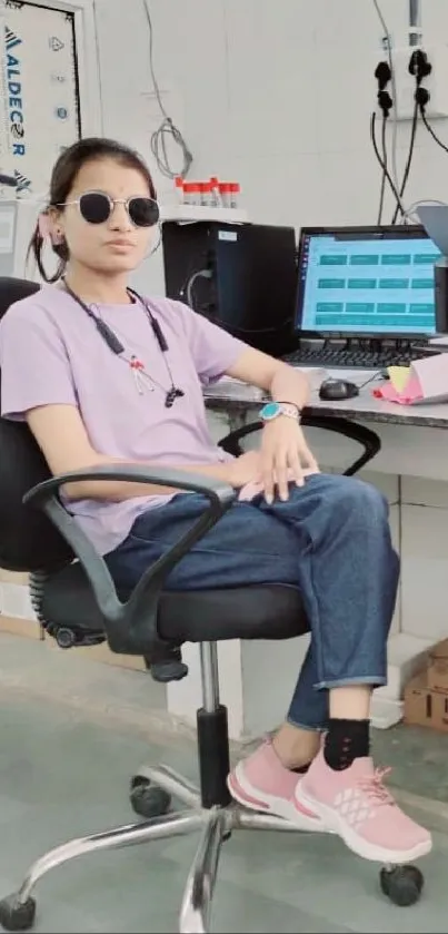 Person in a casual office setting with a laptop and modern decor.