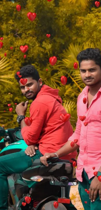 Two men and motorcycle in lush green setting.