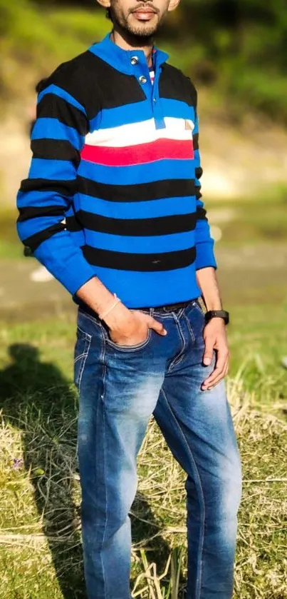 Man in blue striped sweater with nature backdrop.