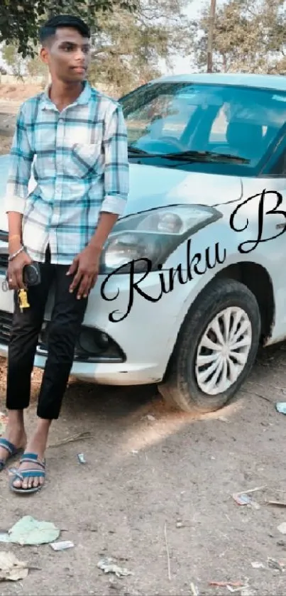 Man leaning against a blue car outdoors.