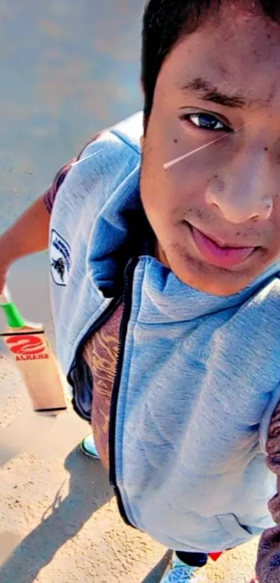 Young man holding a cricket bat outdoors.