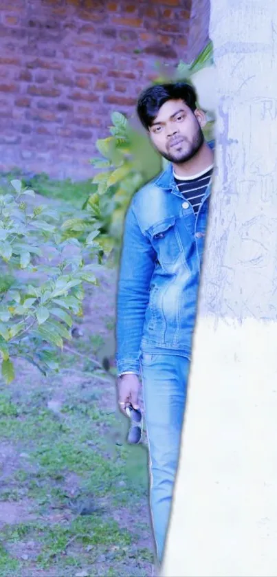 Man in denim posing by a tree in outdoor setting.