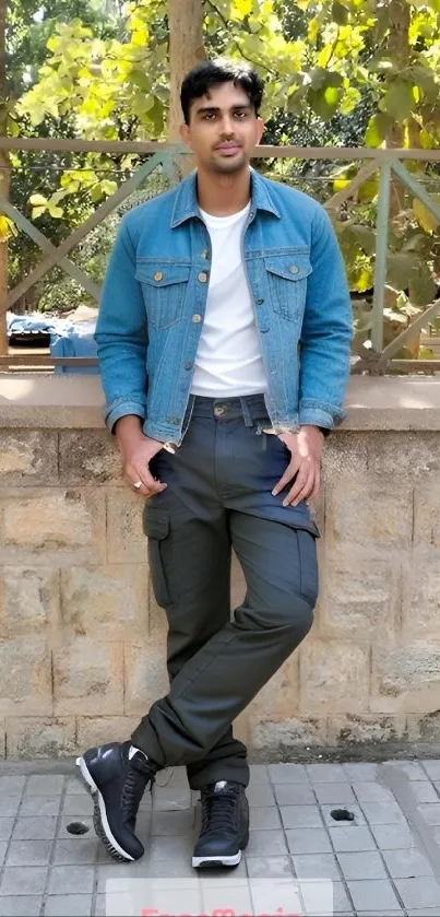 Man in denim jacket poses outdoors in a casual setting.