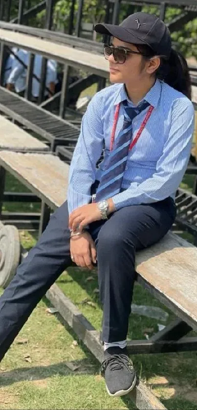 Person in stylish blue outfit sitting outdoors.