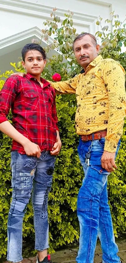 Outdoor portrait of two in casual attire with lush green background.