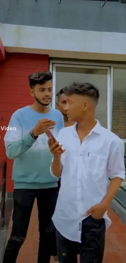 Three friends in stylish attire chatting outdoors.