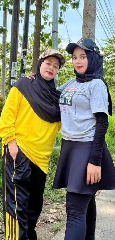 Two women in stylish hijabs pose outdoors.