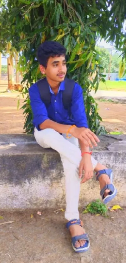 Young man in blue shirt seated outdoors under a tree.