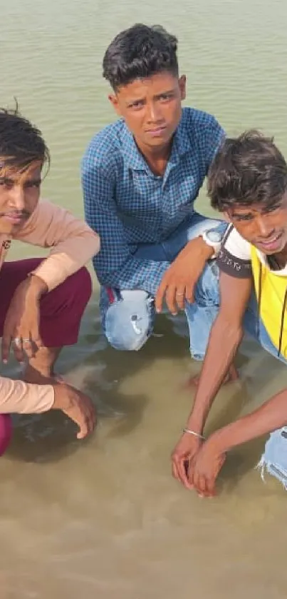 Three young men pose casually in a lake setting.