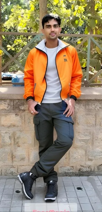 Man in orange jacket posing outdoors near a fence.