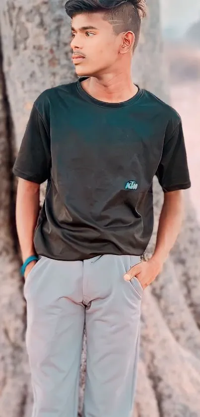 Young man in casual outfit standing by a tree.