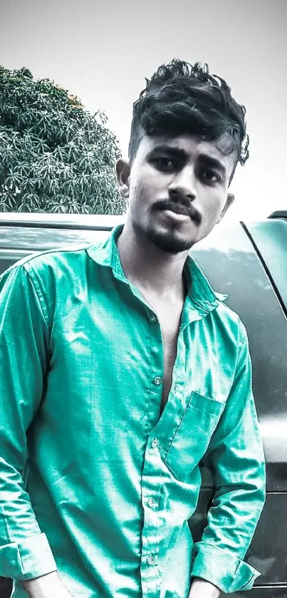 A stylish person in a vibrant green shirt standing by a car.