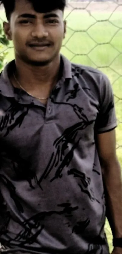 Man in dark shirt against outdoor chain-link fence.