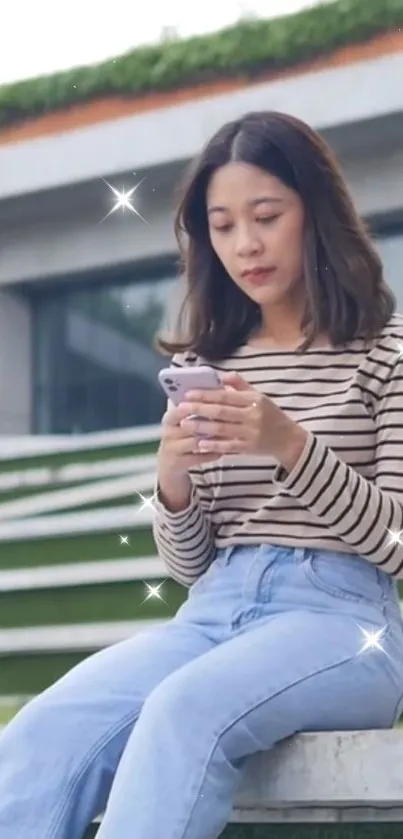 Person in striped top using phone outdoors on a bench, serene and casual scene.