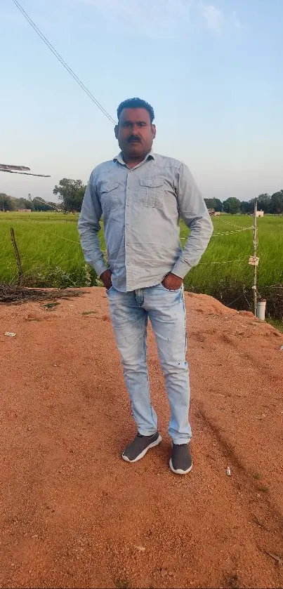 Person standing on sandy ground with green fields under a blue sky.