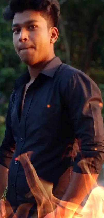 Young man in black shirt outdoors, casual fashion.