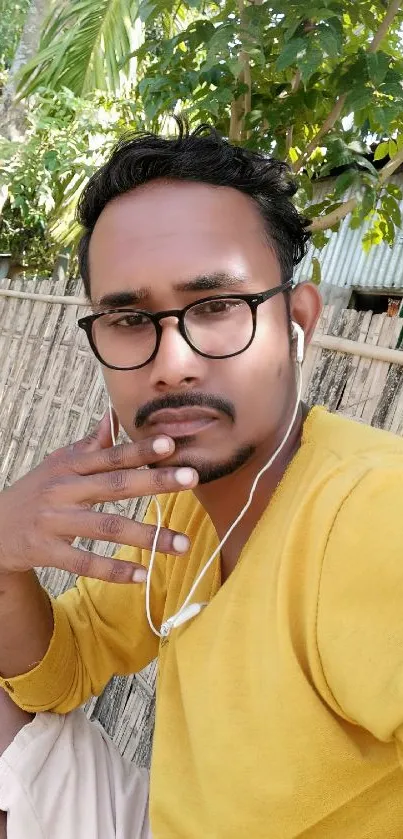 Man in yellow shirt with headphones outdoors.