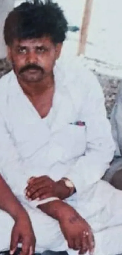 Man in white outfit seated outdoors in a casual setting.