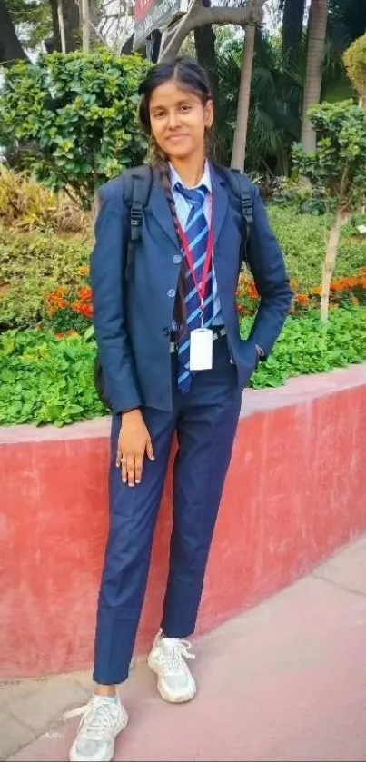 Person in blue suit with greenery background.