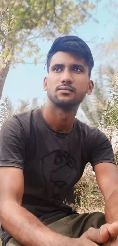 Man sitting outdoors amidst greenery, wearing a casual black shirt.