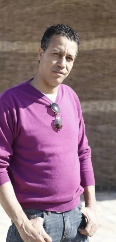 Outdoor portrait of a man in a purple sweater with sunglasses.