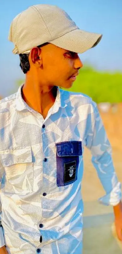 Young person in casual attire wearing a cap in an outdoor setting.