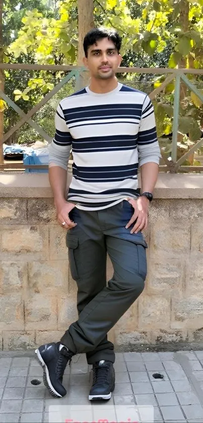 Casual portrait of a man leaning against a stone wall outdoors.