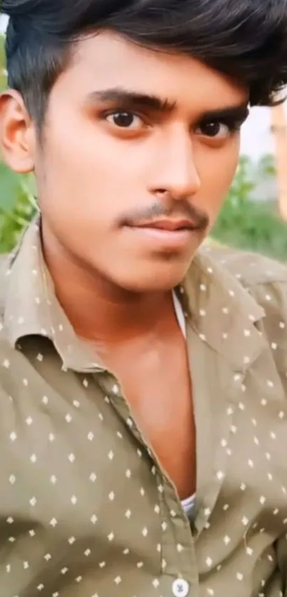 Young man in green shirt outdoors portrait