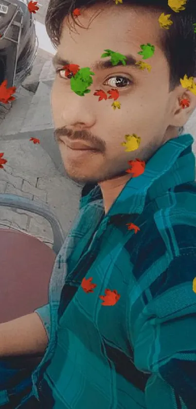 Stylish young man in blue plaid shirt outdoors.