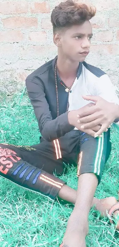 Young man sitting on grass against a brick wall in casual attire.