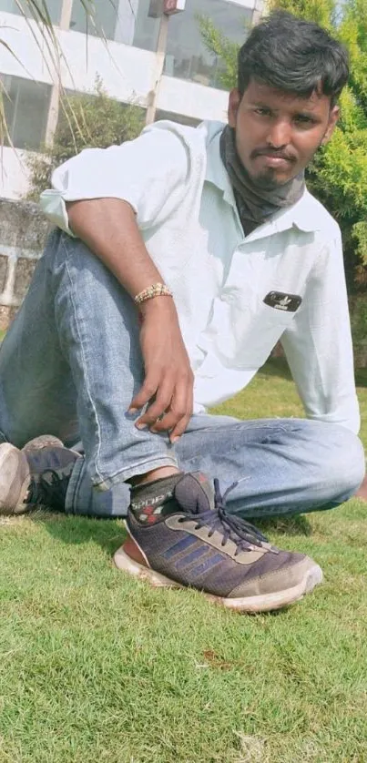 Person sitting on grass in a casual pose outdoors.