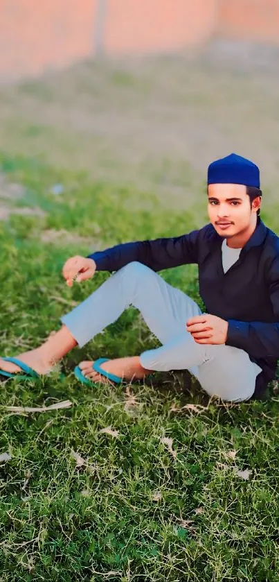 Young man in blue and white outfit sitting on green grass.