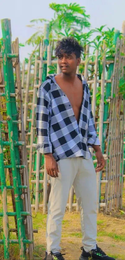 Man in checked shirt standing by bamboo fence.