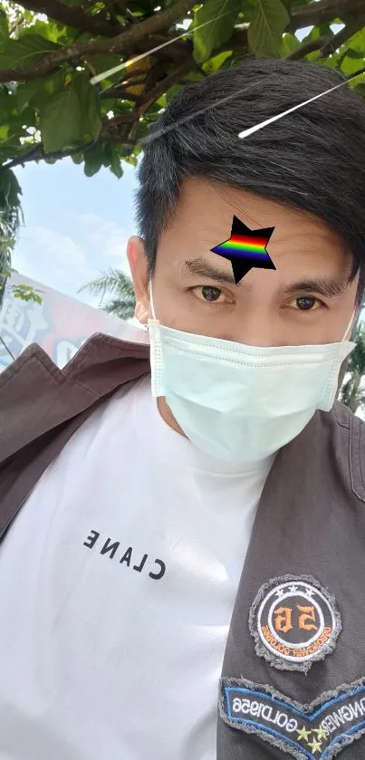 Casual outdoor portrait with nature backdrop and stylish attire.