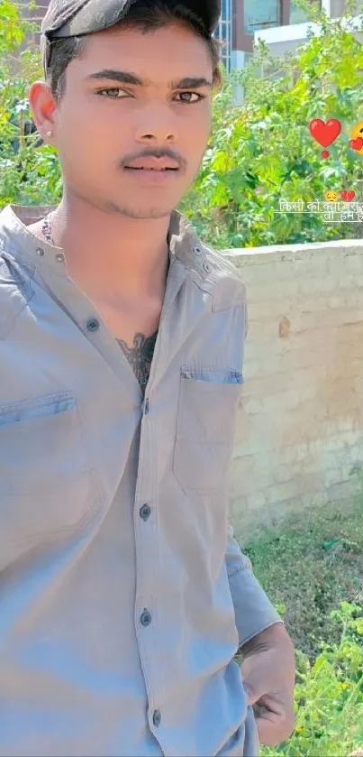 A young man in a light blue shirt outdoors with leafy background.